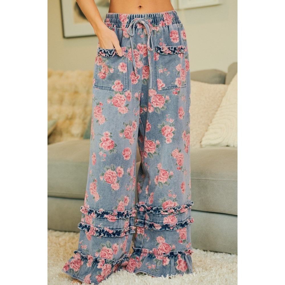BiBi Washed Floral Denim With Ruffle Elastic Wide Pants - Small - Picture 5 of 16
